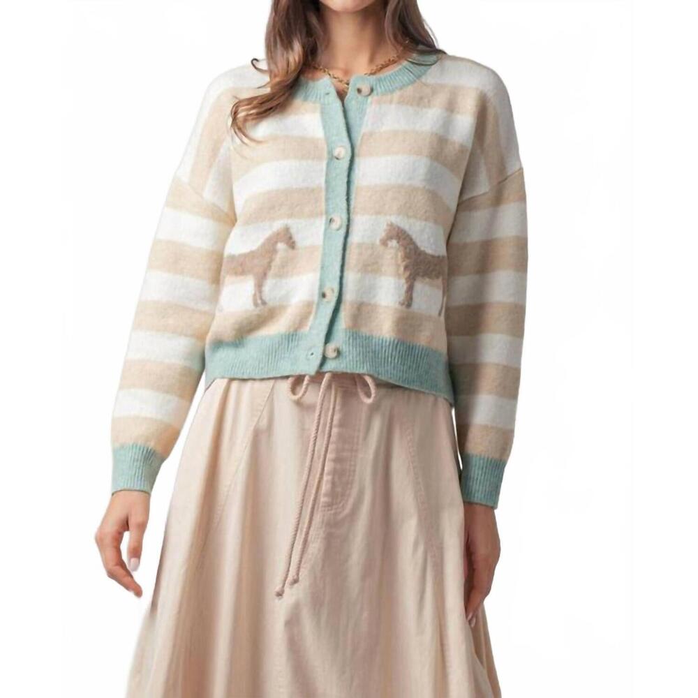 NEW URBAN DAIZY horse jacquard striped cardigan in beige